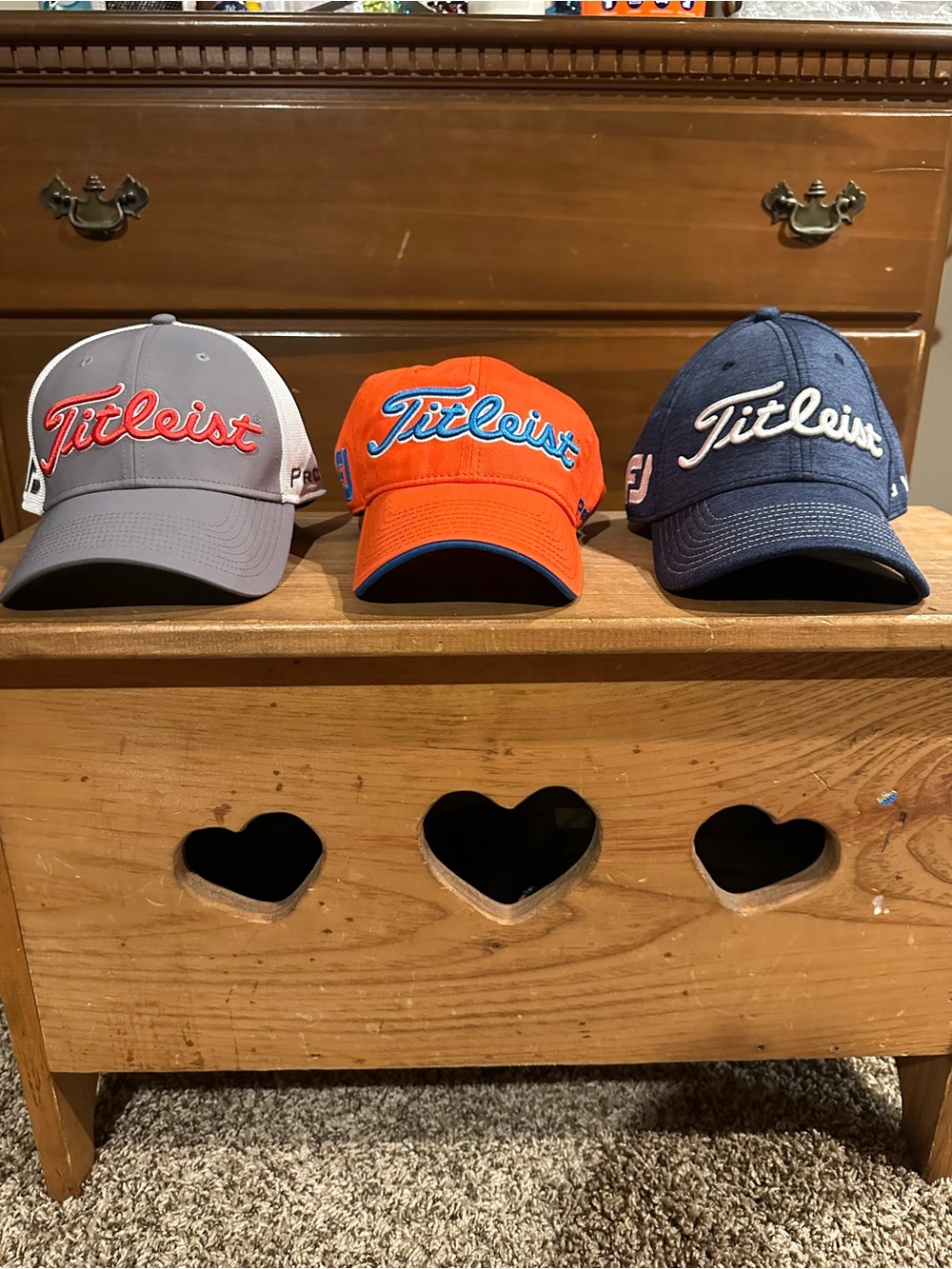 Titleist Trio of Embroidered Golf Caps in Gray, Orange, and Navy